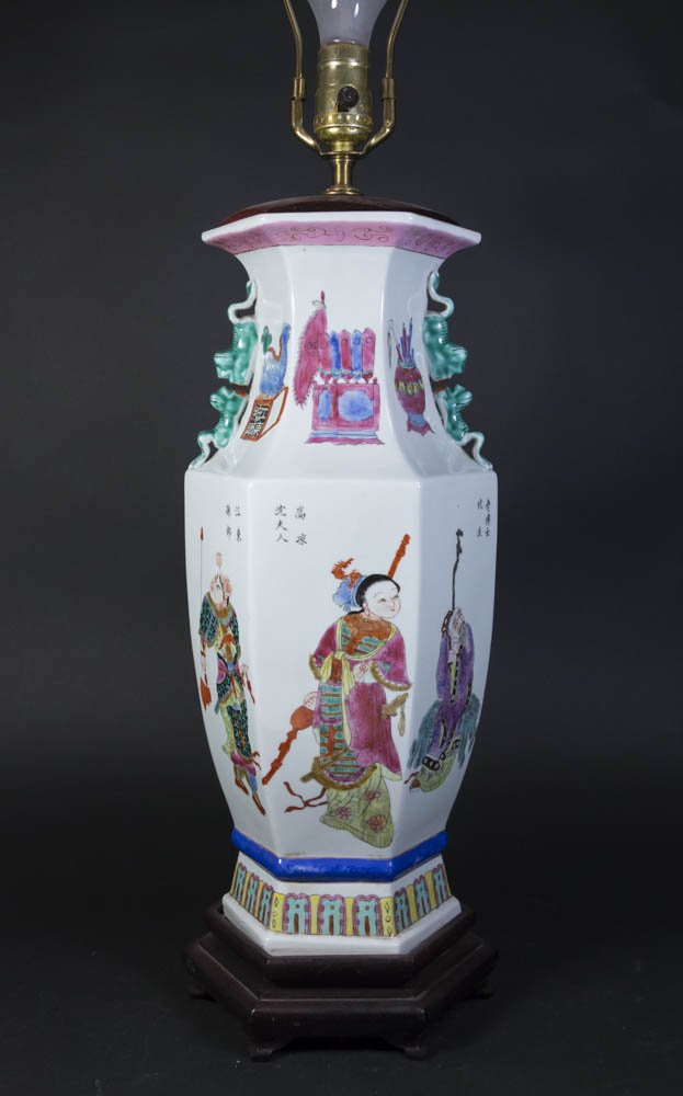 Chinese Porcelain White Ground Hexagonal Lamp: Decorated with court figures. Vase approx. 16 3/4" H. Property from the estate of Kurt Thomas.