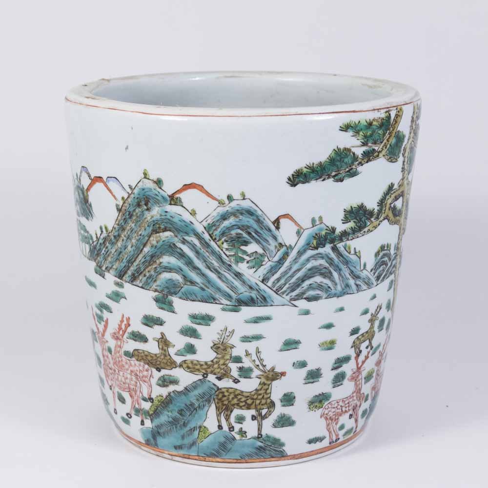 Chinese White Ground Porcelain Jardiniere: Decorated with animals in landscapes. Approx. 11" H. Property from the estate of Kurt Thomas.
