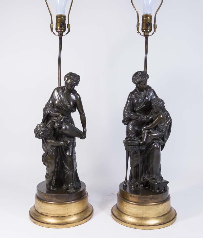Pair 19th Century French Bronze Figures: Mounted as lamps. Each inscribed Sauvageau. Louis Sauvageau, French born (1822-1874). Figures approx. 16 1/4" H. (5252)