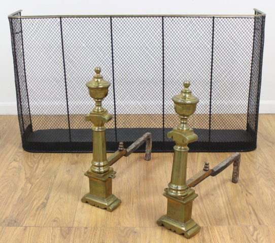 Pair Georgian Brass Andirons & Firescreen (1 of 4)