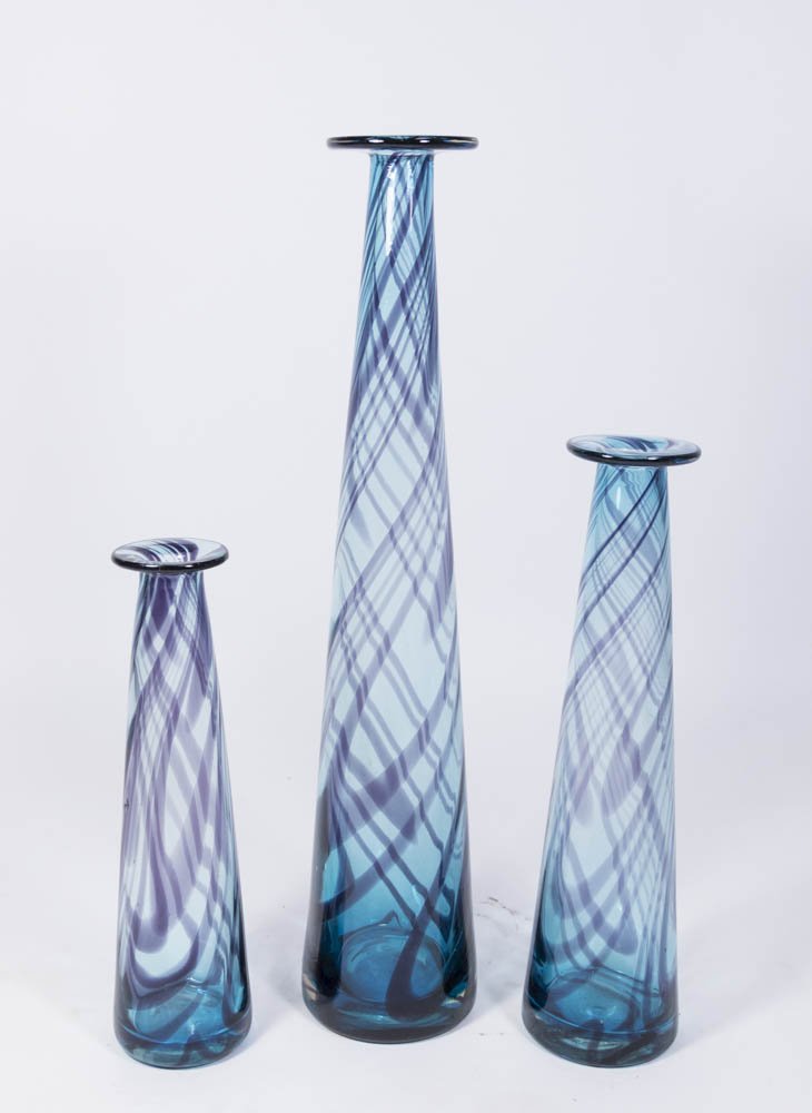 3 Continental Hand Blown Turquoise Glass Vases (1 of 3)