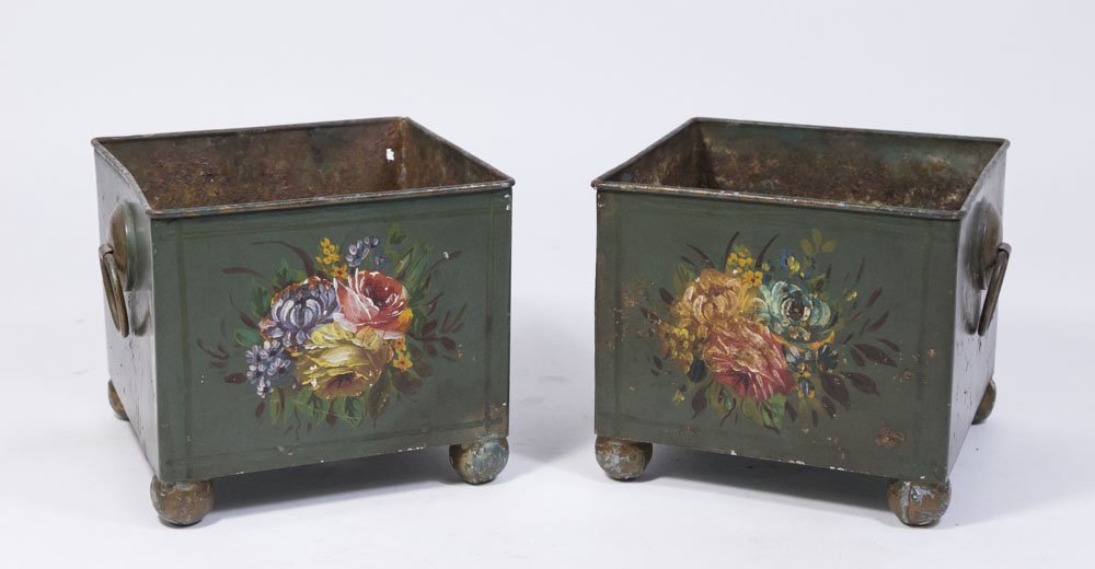Pair Victorian Green Tole Peinte Jardinieres: Approx. 4 3/4" H. (5252)