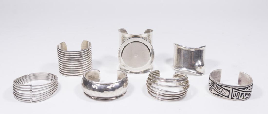Lot 7 Sterling Silver Mid-Century Cuff Bracelets: Including Italian, Mexican - Celia Harms, Robert Lee Morris, Ryan Sanchez. Various types and sizes. (5281)