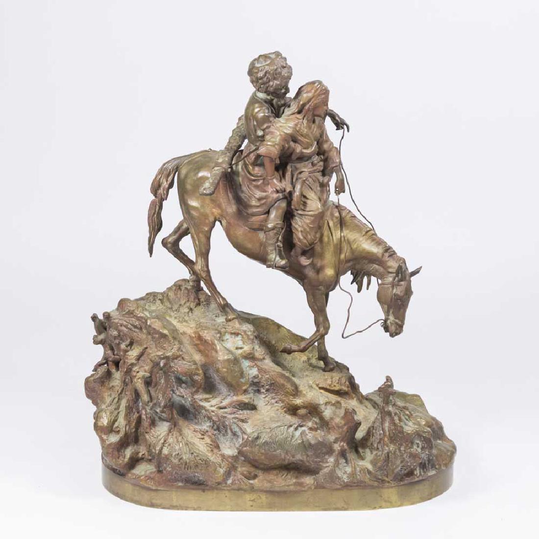 Vasily Grachev Bronze Grouping: Mounted cossack and sweetheart on horse. Signed. Vasily Grachev (1831-1905).