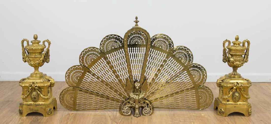 Pair Gilt Bronze Chenets & Brass Fan Firescreen (1 of 7)