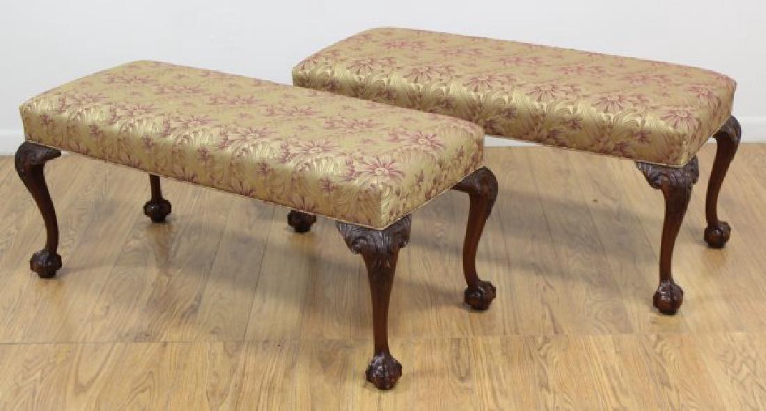 Pair George III Style Mahogany Benches: By Smith & Watson. Upholstered in gold and burgundy silk damask. Approx. 19" H x 42" W x 18" D. From a New York mansion.