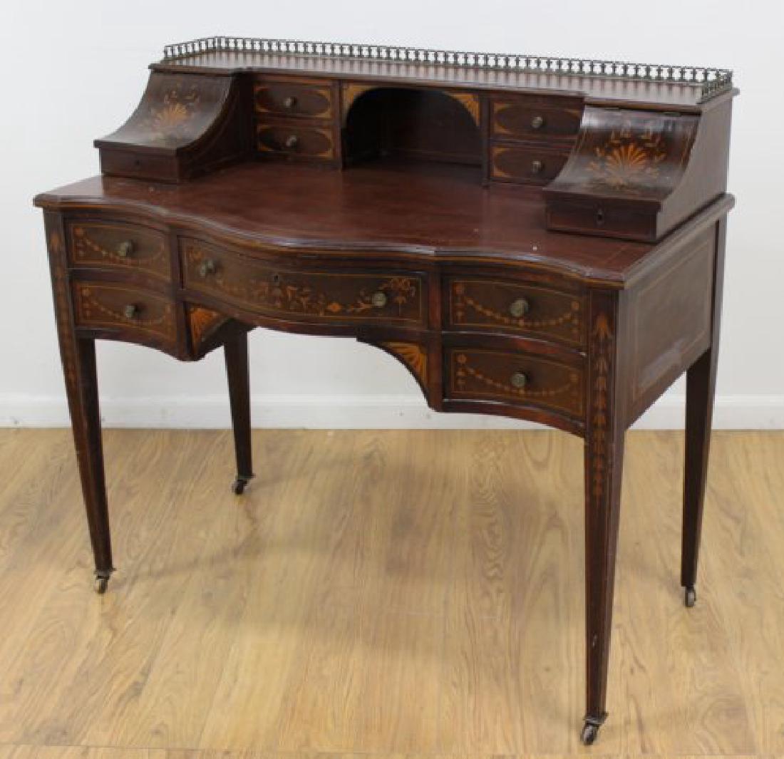 Mahogany Inlaid Edwardian Style Gallery Top Desk: Approx. 38" H x 42" W x 20" D. (5269) Refinished.
