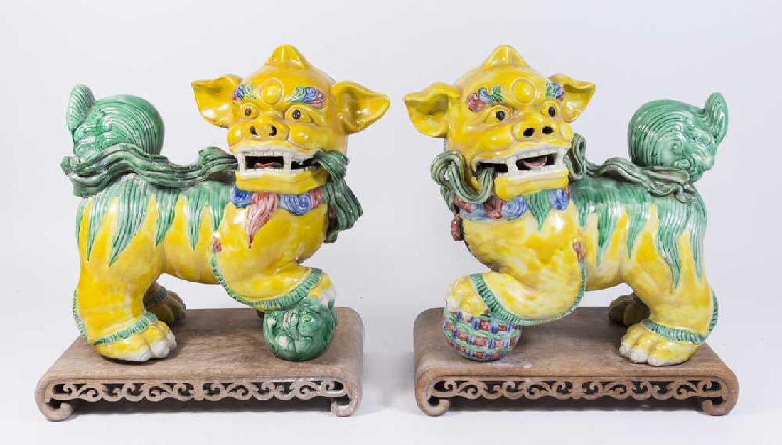 Pair Chinese Pottery Fu Dogs on Wood Stands (1 of 6)