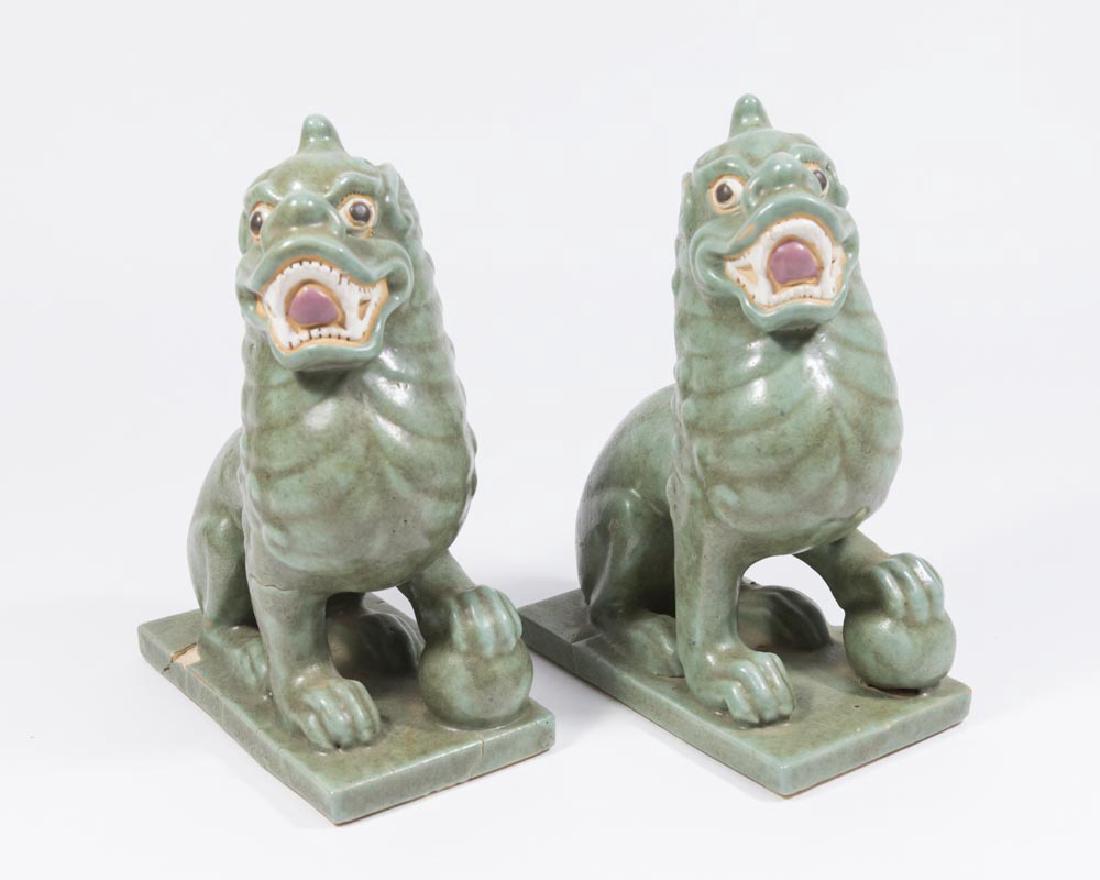 Pair Chinese Celadon Pottery Foo Dogs (1 of 5)