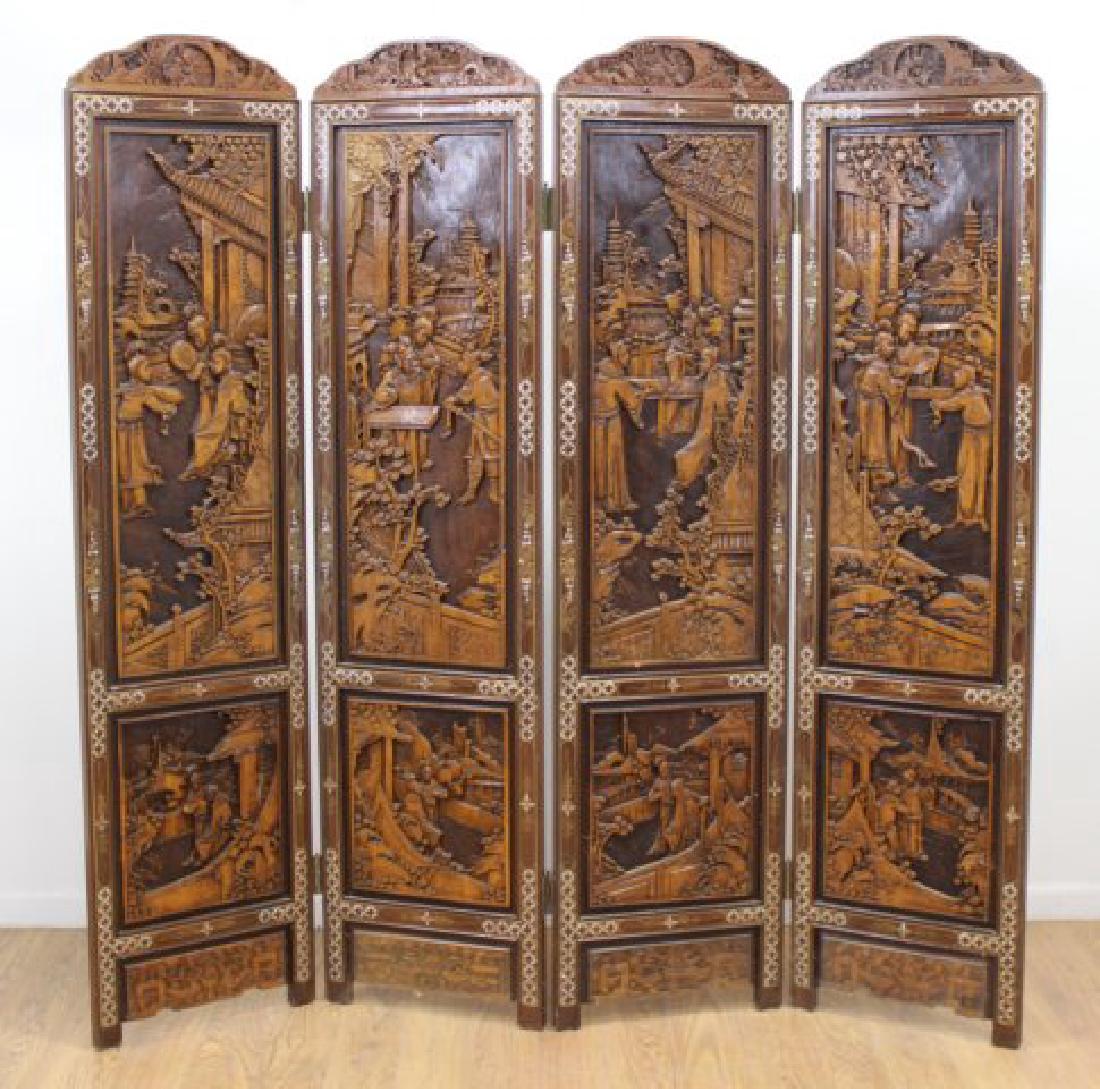 Chinese Style Carved Hardwood 4-Panel Screen (1 of 6)