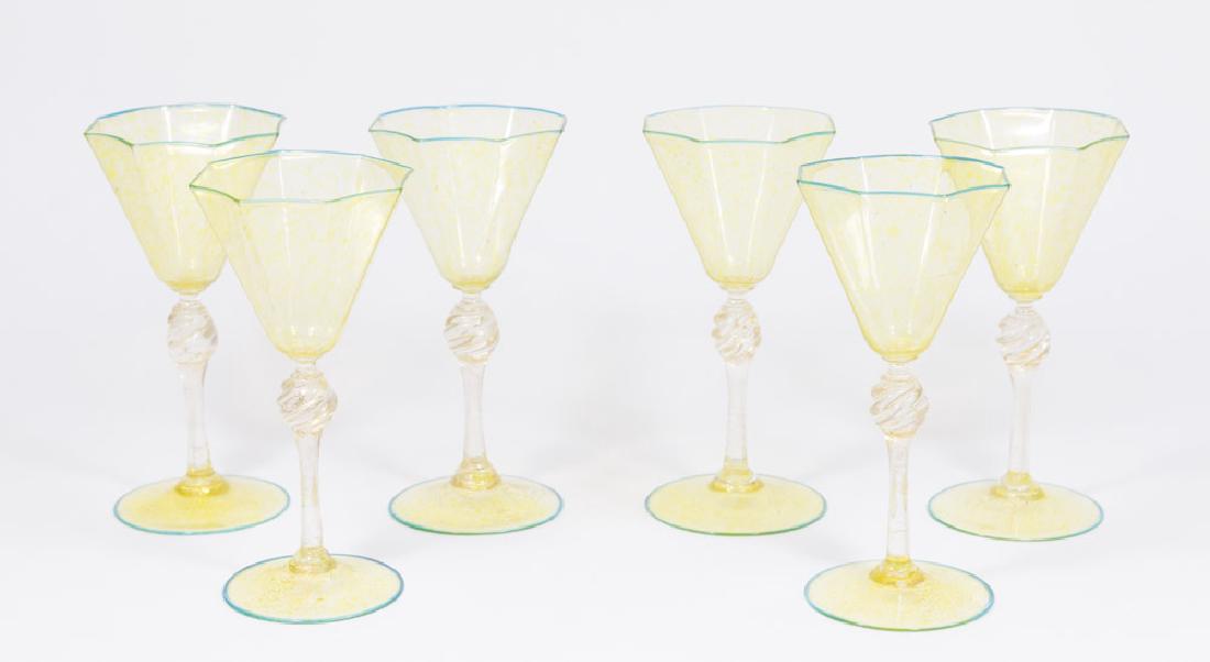 6 Mica Fleck Venetian Goblets: Yellow with green edges. Approx. 7 3/4" H.