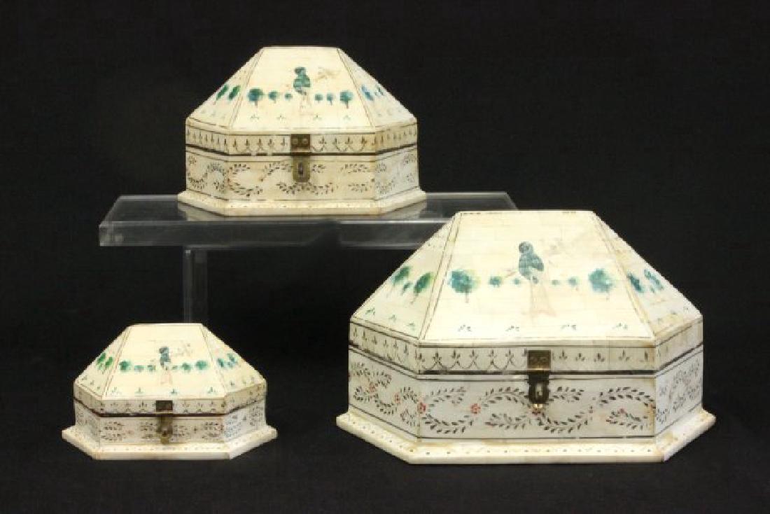 3 Bone Anglo-Indian Nesting Boxes: Ethan Allen. Approx. 7" x 11" x 7 1/2".