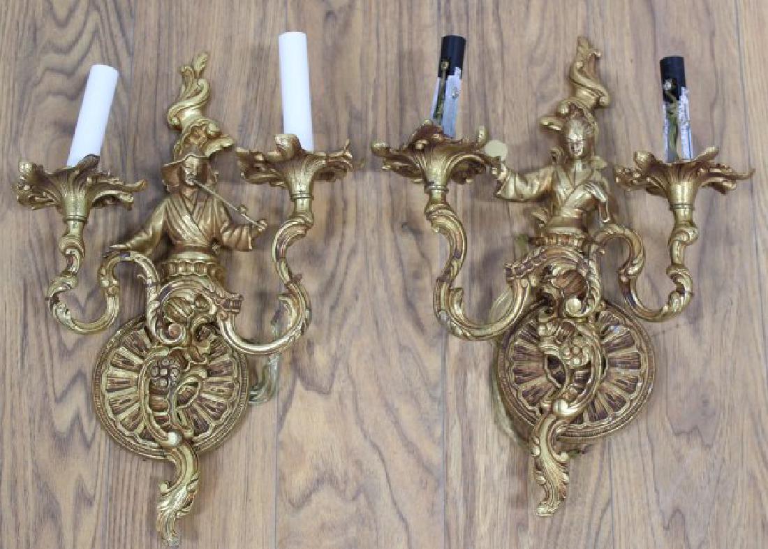 Pair Asian Motif Bronze Figural 2-Arm Sconces (1 of 3)