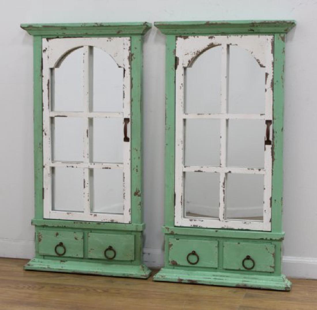 Pair Folk Art Green Painted Window Mirrors (1 of 1)