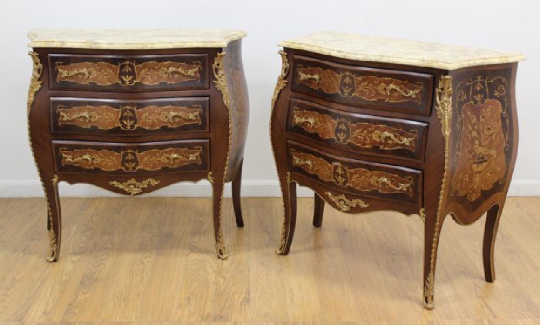 Pair Marble Top Inlaid 3-Drawer Commodes (1 of 4)