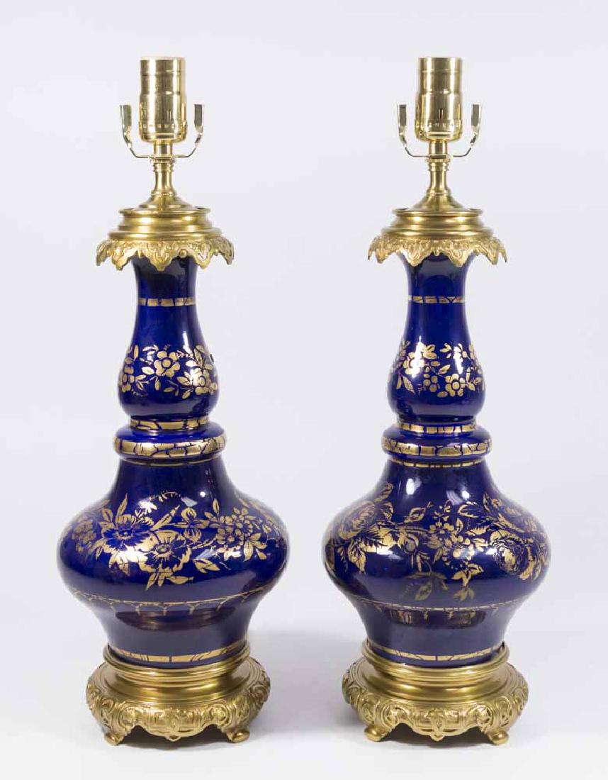 Pair 19th C. French Gilt Cobalt Porcelain Lamps: Approx. 18" H. (050898C)