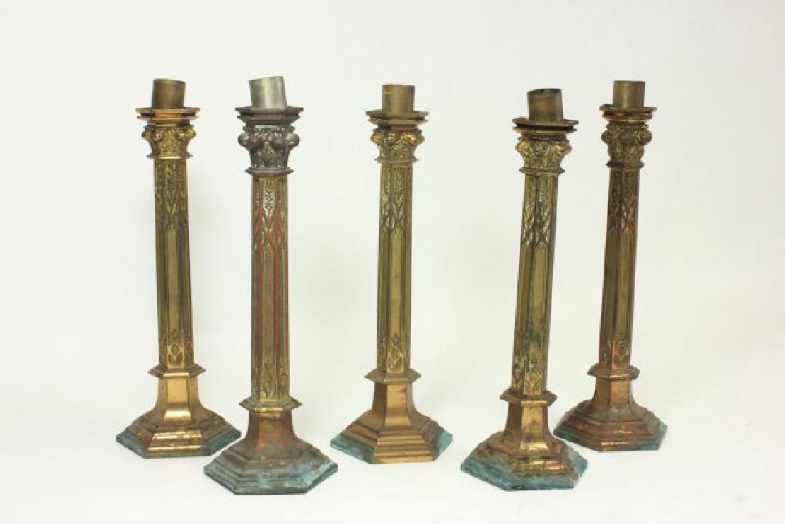 Set 5 Gothic Style Brass Candlesticks (1 of 5)