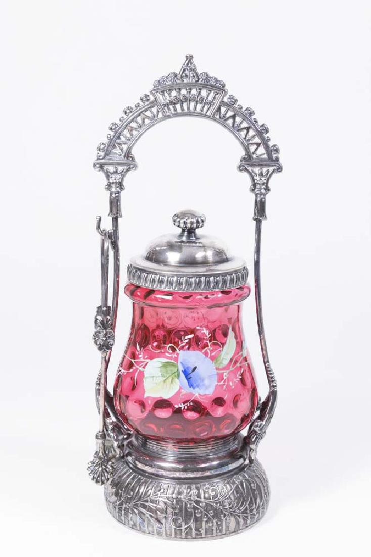 Victorian Silverplate & Cranberry Glass Pickle Jar (1 of 6)