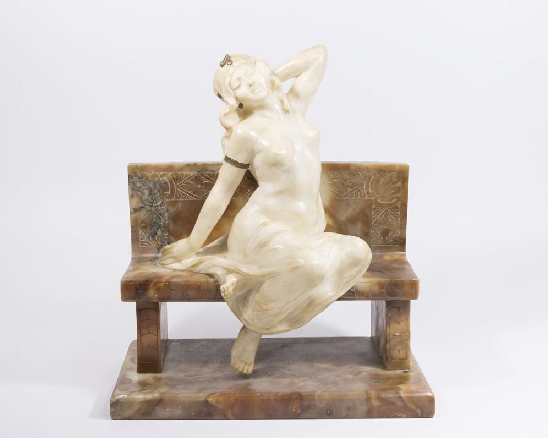 Umberto Stiaccini Alabaster Semi-Nude: Gypsy girl on bench. "Stiacinni Firenze." Signed on back. Umberto Stiaccini. Approx. 15" H x 13" W x 7" D. From a Long Island, NY estate. With restorations.