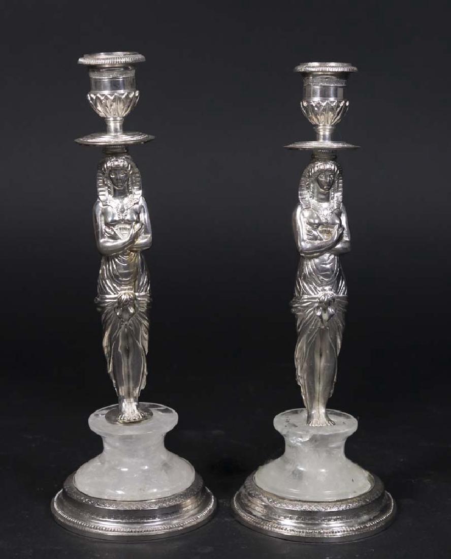 Pair Egyptian Style Silvered Bronze Candlesticks (1 of 5)