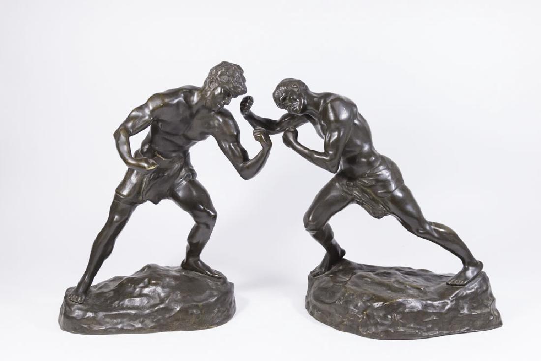 Jef Lambeaux, Pair of Boxers: Bronze. Signed Jef Lambeaux and foundry mark R. Debraz - usine des bronzes Bruxelles. Jef Lambeaux (1852-1908). Taller approx. 16 1/2" H. Shorter approx. 15 1/2" H.