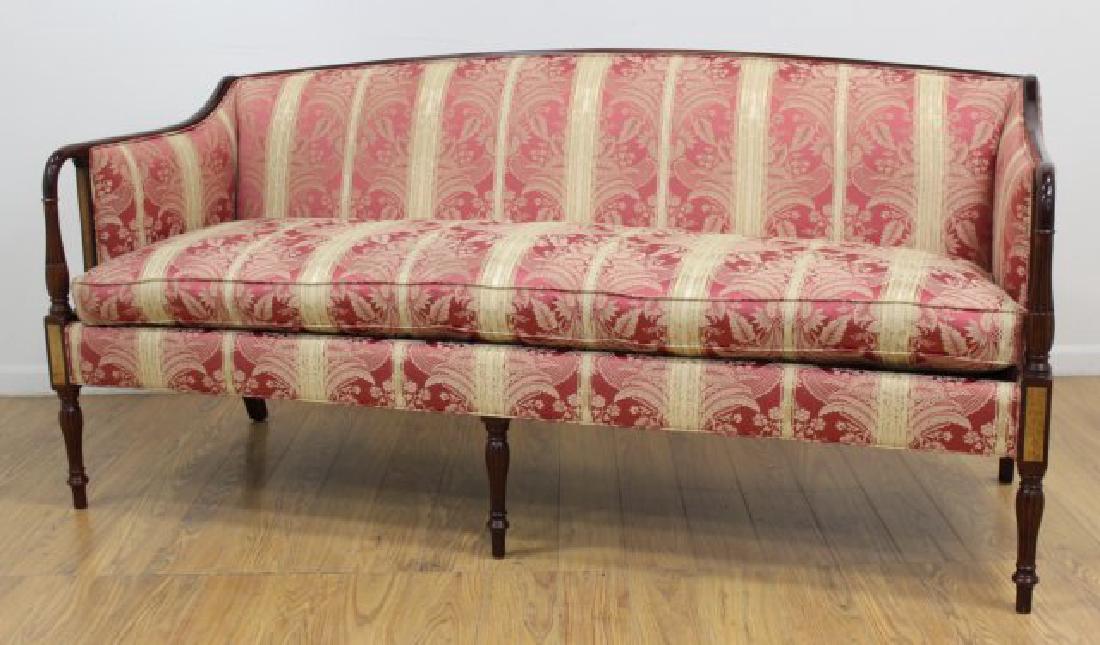 Smith & Watson Federal Style Inlaid Mahogany Sofa: Upholstered in dusty rose silk damask. Inlaid. Approx. 33 1/2" H x 72" W x 28" D. From a New York mansion.
