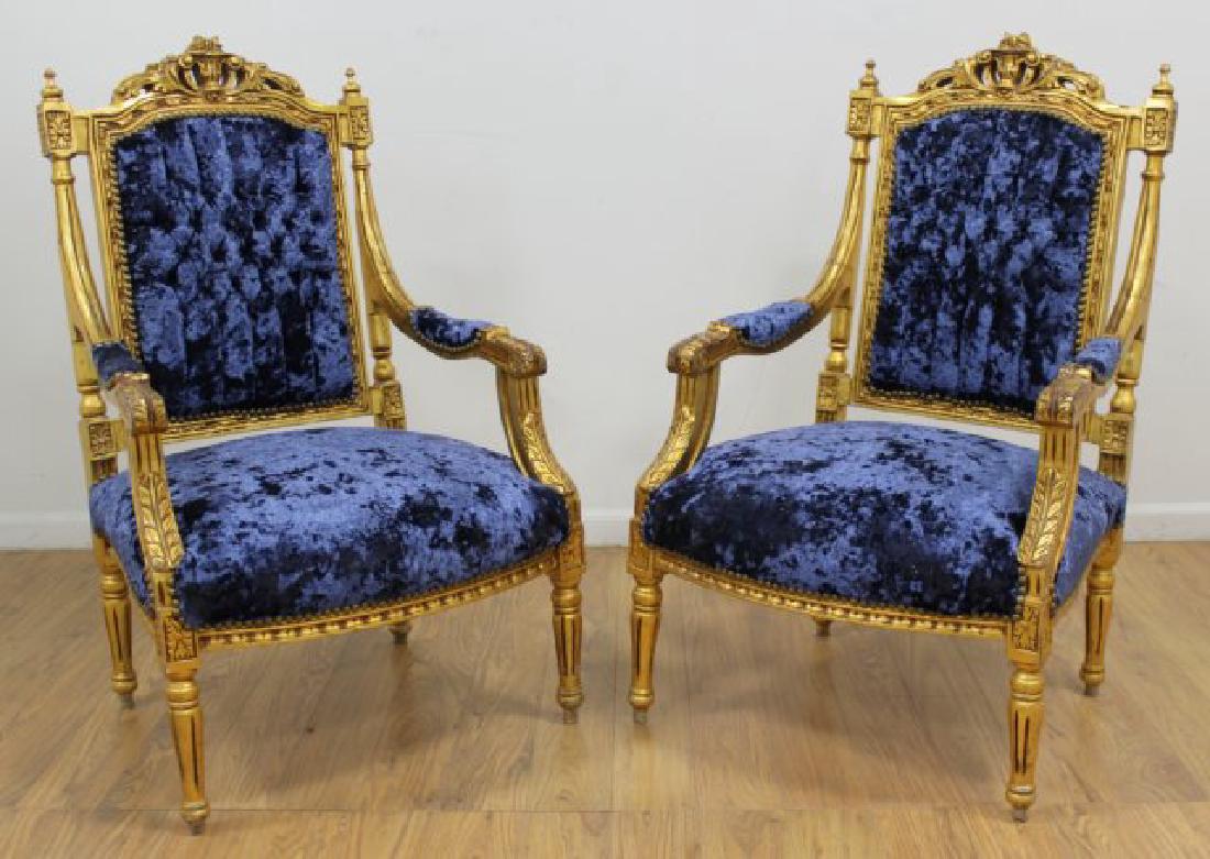 Pair Blue Crushed Velvet Tufted Giltwood Chairs (1 of 3)