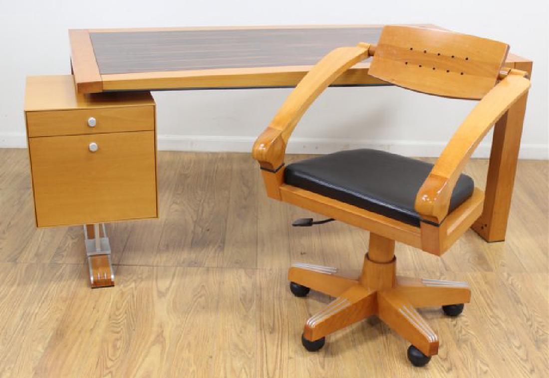 Massimo Scolari Calamander & Fruitwood Desk: With chair. Model Spring-Zeno. Desk approx. 28 1/2" H x 69 1/2" W x 31 1/2" D. Chair approx. 34 1/2" H x 25 1/2" W x 24 1/2" D. From a New York mansion.