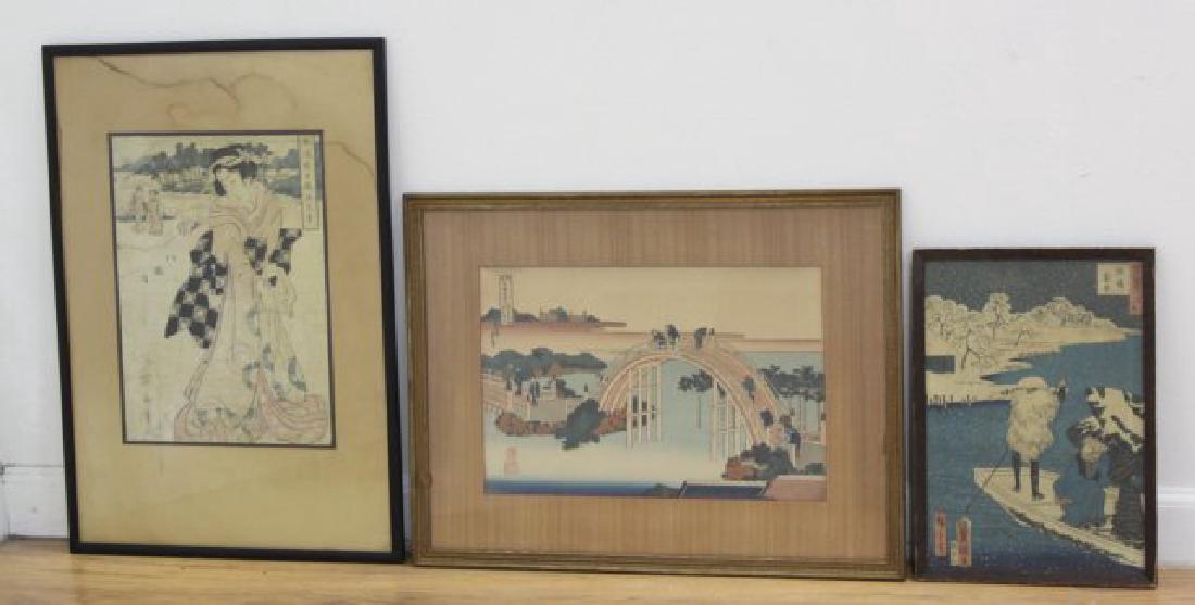 Lot of 3 Japanese Woodcuts: One with water stains to liner and damages.