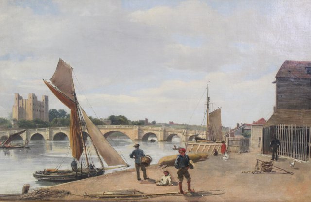 :River Port Scene: Oil on canvas. Gilt frame. Unsigned. Approx. 22 1/2" H x 35 1/2" W sight, 28 1/2" H x 42 1/2" W. Relined.