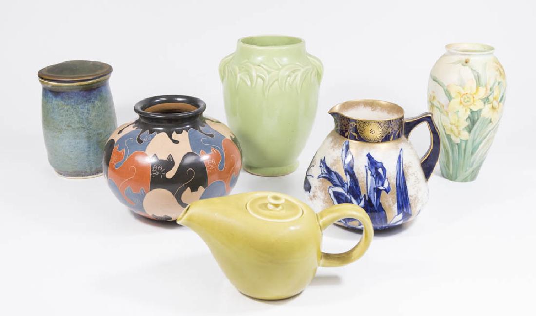 Lot of 6 Porcelain & Pottery Pieces: Including Russel Wright pitcher; McCoy vase, approx. 8" H; Doulton Burslem pitcher, 6" H; Nicaragua pottery vase (San Juan de Oriente), approx. 6" H; handpainted vase, approx. 8" H; and covered jar, a