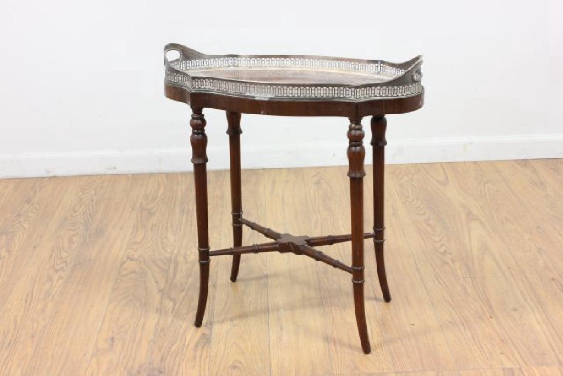 Silverplate on Faux Bamboo Base Side Table: Approx. 22" H x 21" W x 10" D. Property from a Manhattan townhouse. Plate worn.