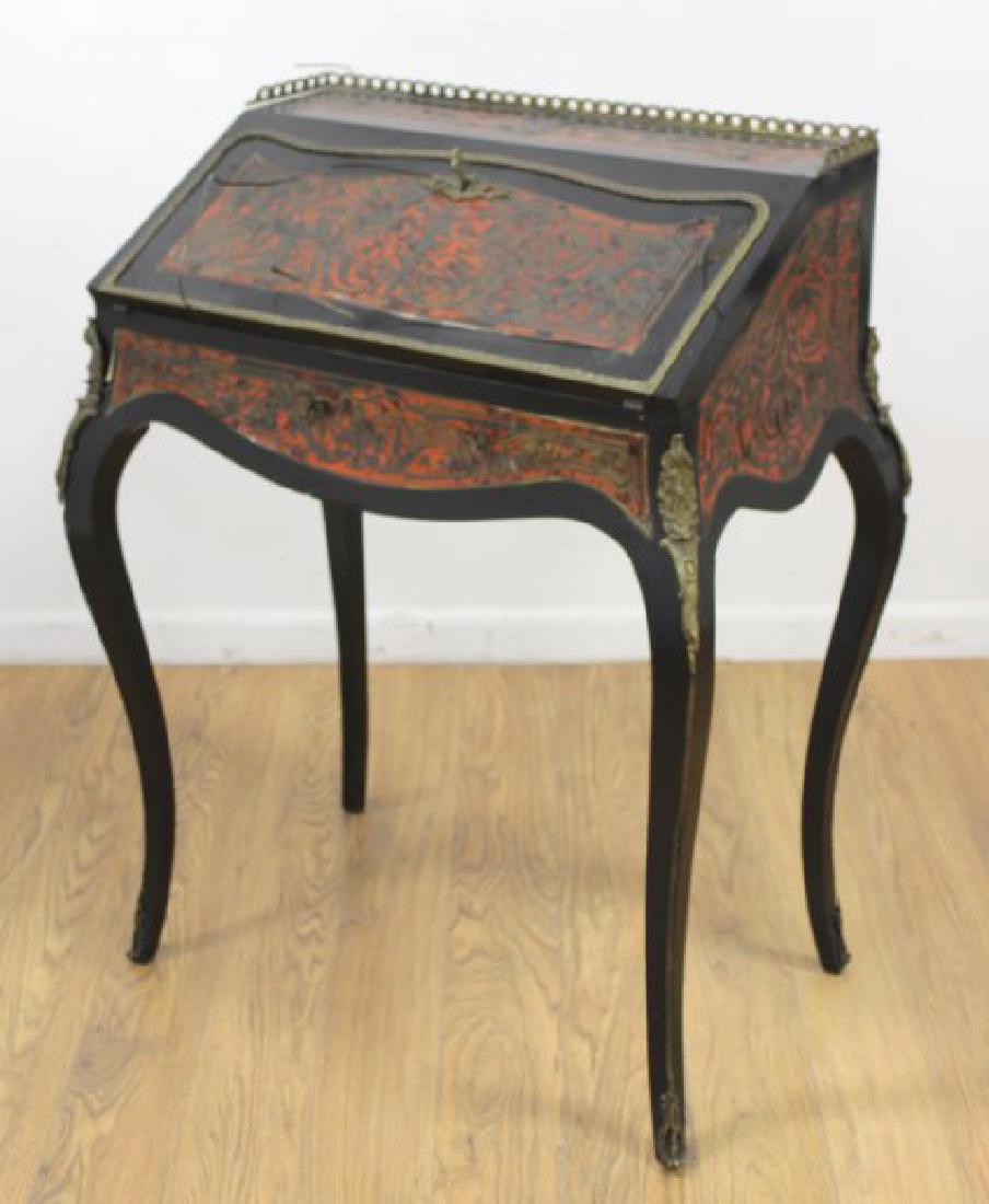 Louis XV Style Ebonized Boulle Slant Front Bureau: 19th century. Approx. 36 1/2" H x 28" W x 18" D. (041404H) Brass lifting throughout. As is.