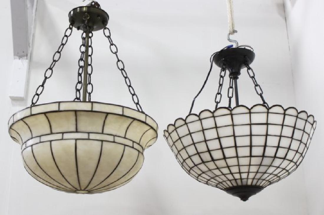 2 American Leaded White Slag Glass Chandeliers: Early 20th century. Approx. 19" H x 18" diameter and 8" H x 18" W. (0508015, SF759)