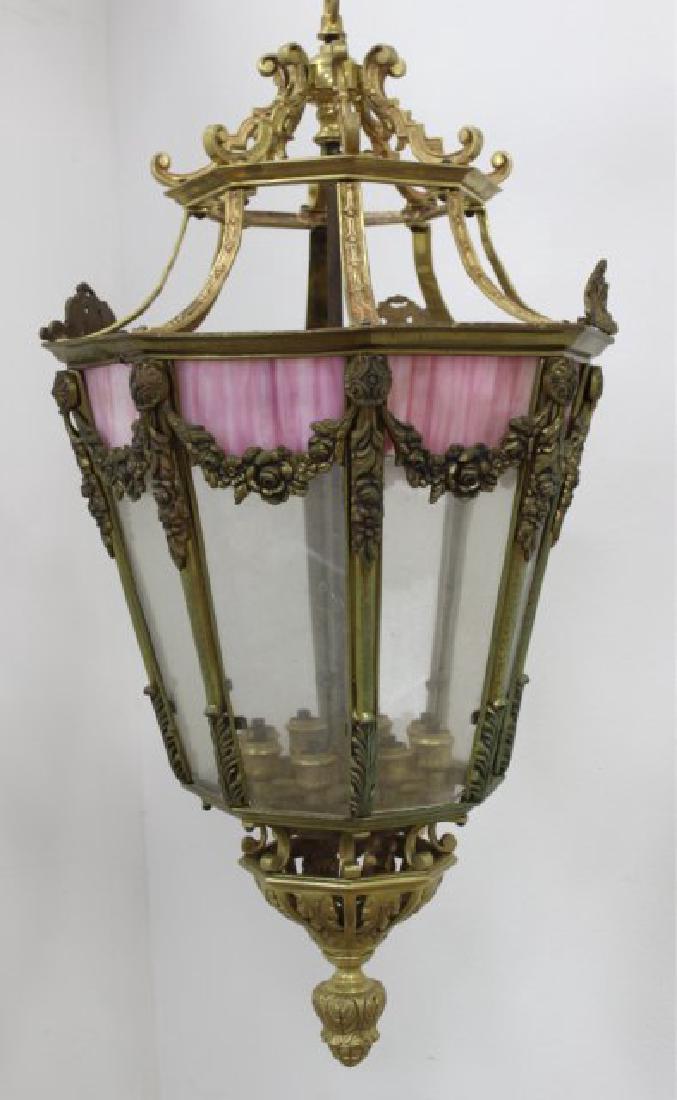 Neoclassic Style 8-Light Lantern: With pink slag glass. Approx. 28" H x 15" diameter. (050398H)