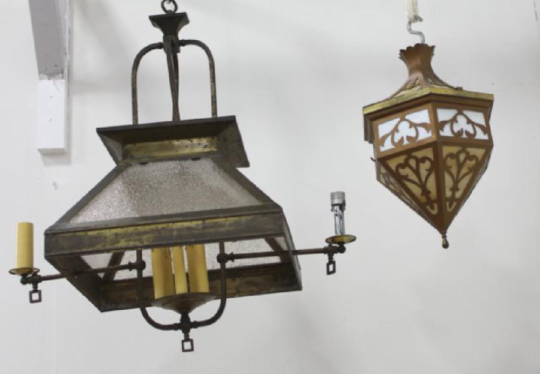 2 Arts & Crafts Brass & Glass Lanterns: 1 with slag glass, the other mottled clear glass. Larger approx. 29" H x 26" W. (050867I, SF2432)