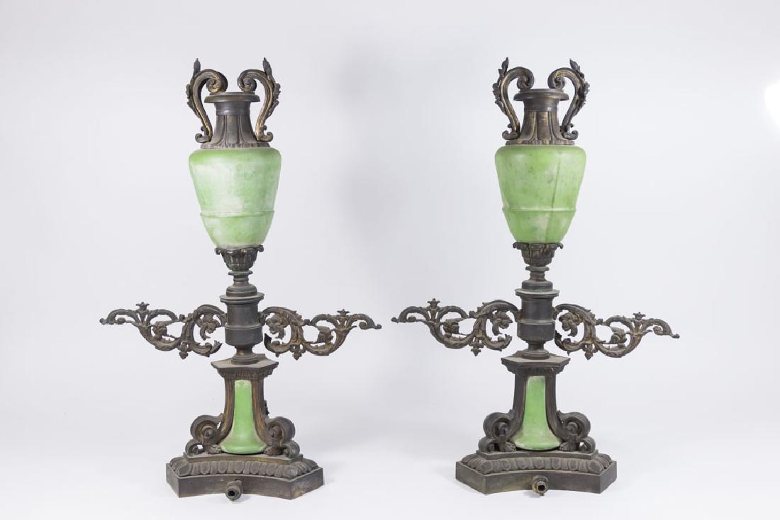 Pair Victorian Glass Gilt Bronze 2-Arm Lamps: Late 19th century. Approx. 21 1/2" H. (070189B) Missing nozzles.