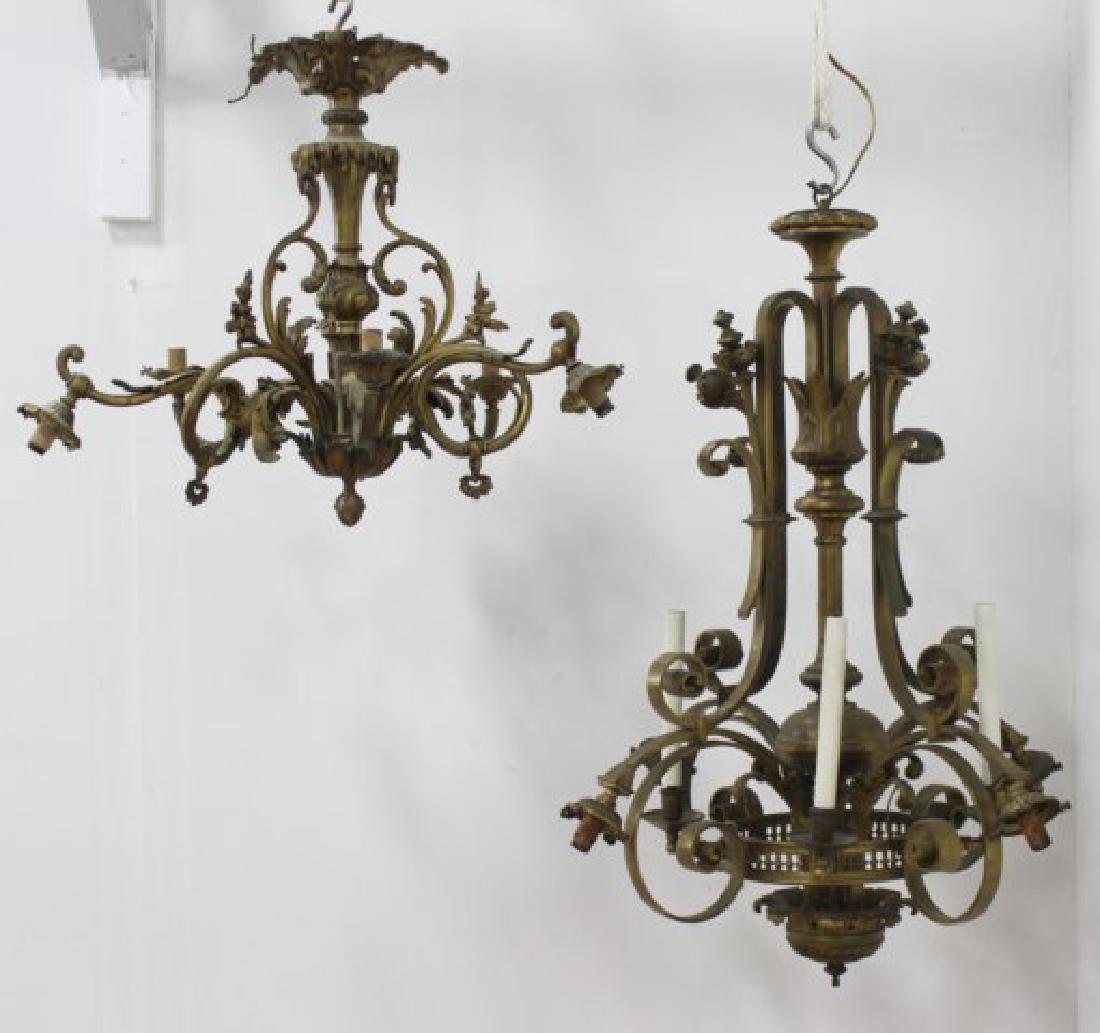 2 French Bronze Chandeliers: 1 foliate 6-arm gasolier, the other 8-arm. Larger approx. 33" H x 27" diameter. (121489570A, 1.31F2)