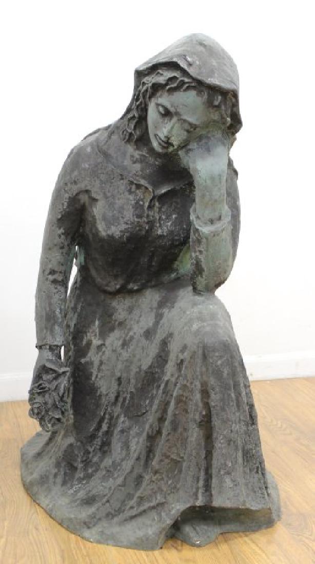 Bronze Garden Sculpture of Kneeling Woman: Holding flowers. Approx. 39" H.