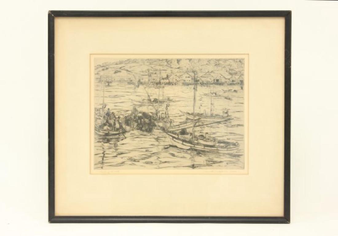Jeanette Maxfield Lewis, "Washing the Nets": Etching. Pencil signed and titled. Jeanette Maxfield Lewis (1894-1982). Approx. 9 1/2" H x 12 1/2" W sight, 16 1/2" H x 19" W framed.