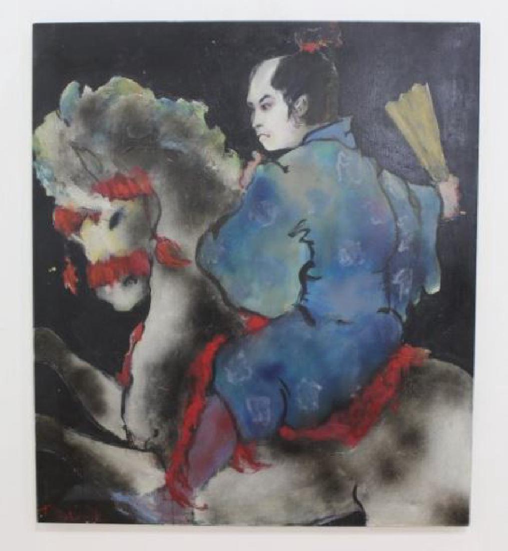 :T. Berkowitz, Japanese Horseman: Oil on canvas. Signed lower left. 20th century. Approx. 48" H x 42" W. From a Long Island, NY estate.