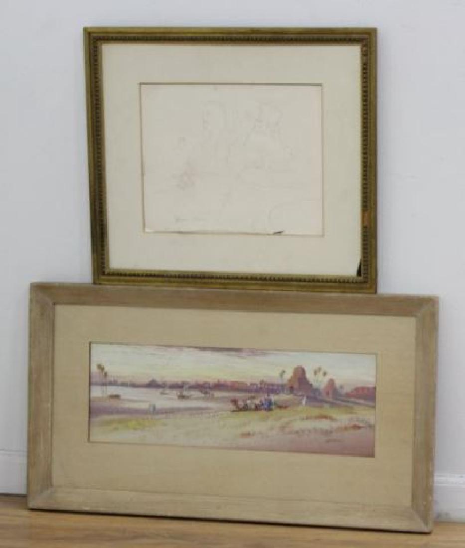 :2 Works on Paper: Including Jack Levine, pencil drawing Greek tavern, Athens, signed lower left, approx. 10" H x 14" W sight; and J.A. Jameson, Arab Ruins, watercolor, signed lower right, approx. 7" H x 21" W sight. Fr