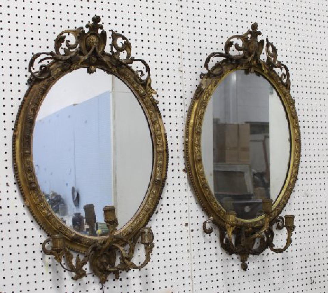 Pair Gilded Wood & Gesso Antique Mirrors: With candelabras. Approx. 37" x 22". Losses on both.