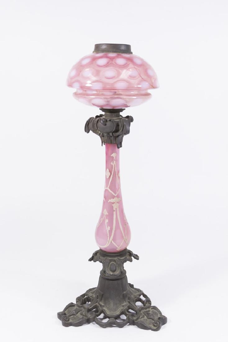 American Overlay Pink & White Lamp: 19th century. Approx. 17" H.