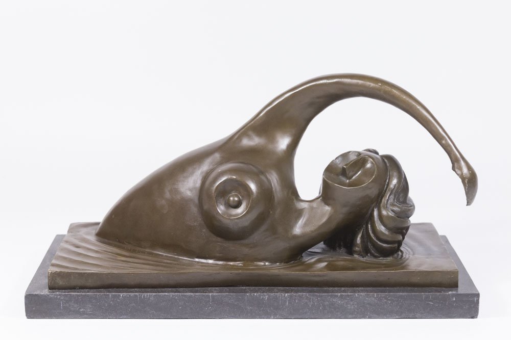 Abstract Bronze Sculpture, Reclining Nude: On marble base. Signed W. Current. 14-30. Approx. 10 1/2" H x 19" W x 8" D with base.