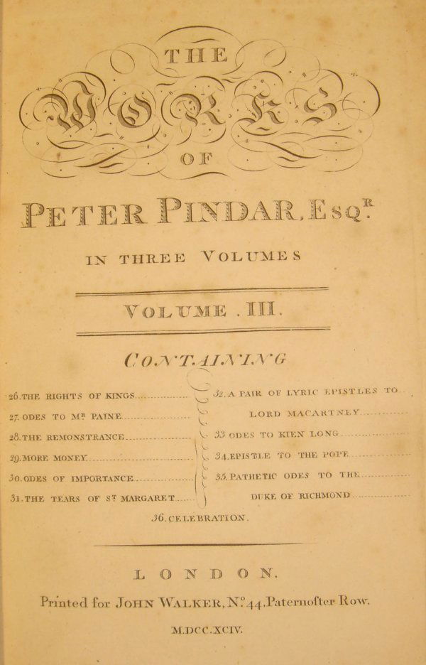4V Set WORKS PETER PINDAR 1794-96 Wolcott Jamaica: Title: Works Author: Peter Pindar Publisher: John Walker Printing Year: 1794-1796, complete four-volume set Condition/Details: Bound in their original or period textured leather boards with gilt e