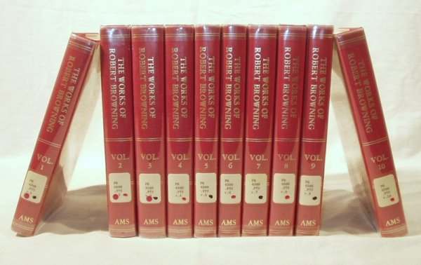 10V Set WORKS ROBERT BROWNING 1966 Re-Print 1912: Title: The Works of Robert Browning Author: Robert Browning Publisher: AMS Printing Year: 1966 Number of Volumes: 10 Notes: These ten volumes are bound in red cloth with gilt spine titli
