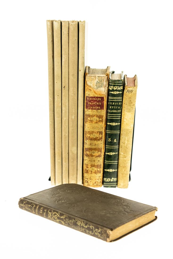 9V Collectible Literature ANTIQUE ITALIAN LITERATURE: 9V Collectible Literature ANTIQUE ITALIAN LITERATURE Vellum Leatherbound Gilt Illustrated Language French Gabbriello Chiabrera Poetry Temperance Allegory Giulio Genoino Songs Tuscany John Ruskin Franc