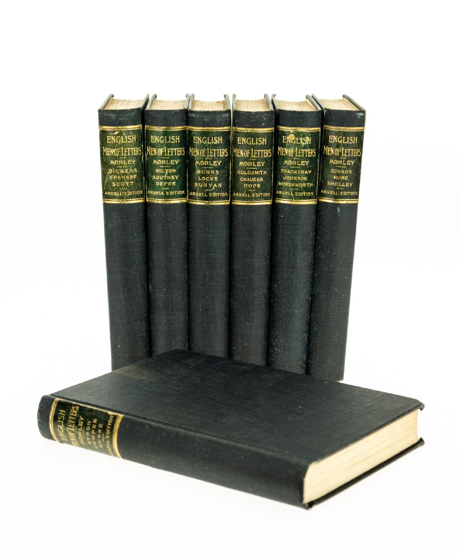 7V John Morley ENGLISH MEN OF LETTERS 1895 Gilt Arkell: 7V John Morley ENGLISH MEN OF LETTERS 1895 Gilt Arkell Edition Biography Dickens Gibbon Hume Shelley Byron Spenser Scott Pope Chaucer Thackeray Burns Milton Cowper Burke Locke Defoe Southey Goldsmith
