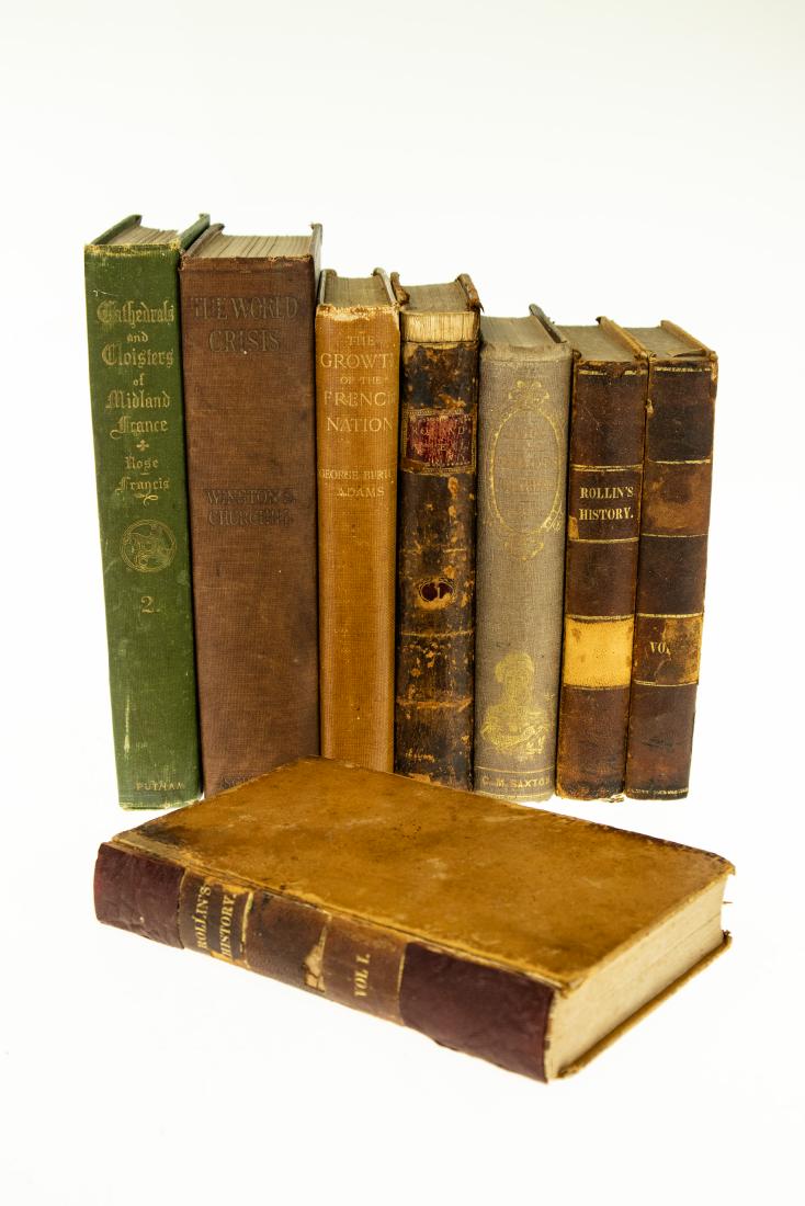 8V Collectible Estate Books ANTIQUE HISTORY Gilt: 8V Collectible Estate Books ANTIQUE HISTORY Gilt Leather Binding France England Empress Josephine Winston Churchill French Cathedrals & Cloisters Madame Roland Charles Rollin Ancient Egypt Greece Mace